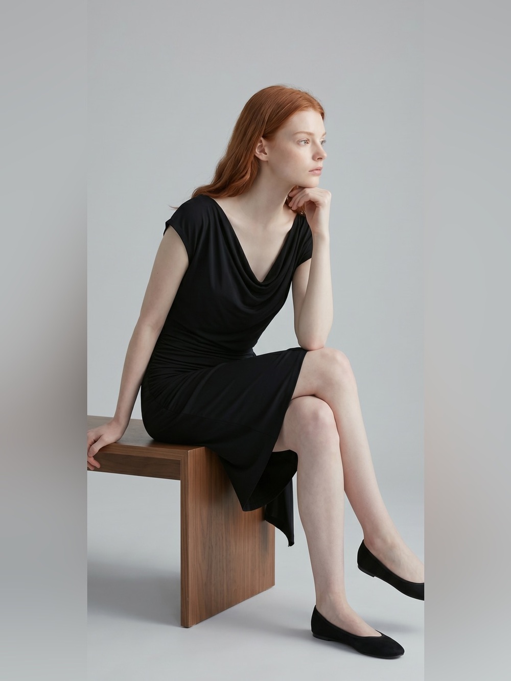 Vintage Cache Black Draped Cowl-Neck Midi Dress. Minimalist. Luxe. 90s. Office